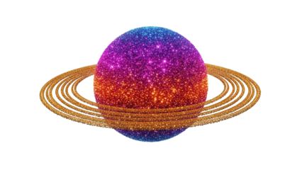 Sparkling planet with rings isolated PNG, colorful cosmic sphere with glitter texture on transparent background, celestial body for space and fantasy themes