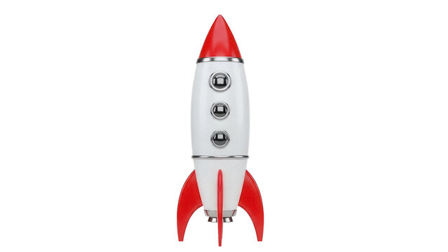Retro rocket ship PNG isolated on transparent background, vintage space shuttle with red fins and silver details, toy for kids