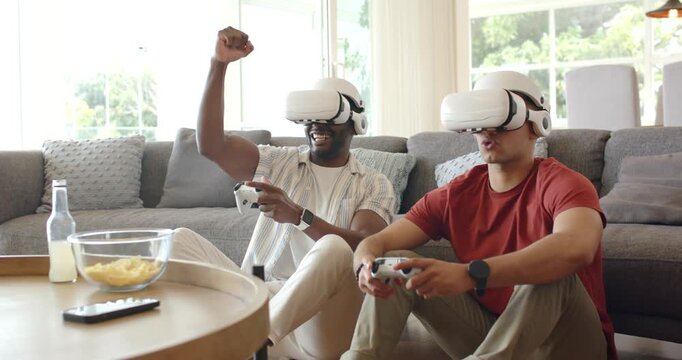 African American and Hispanic men playing VR rowing at home, removing headsets on game end