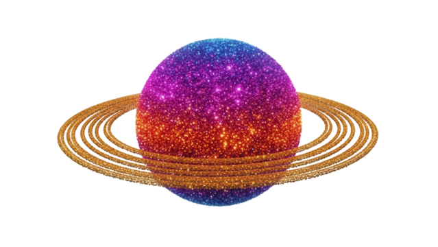 Sparkling planet with rings isolated PNG, colorful cosmic sphere with glitter texture on transparent background, celestial body for space and fantasy themes