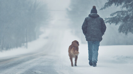 A man and his dog are walking along a snowy road in the middle of a snowstorm. The snow is blowing, and the man is bundled up in a warm jacket and hat as he enjoys nature with his pet.