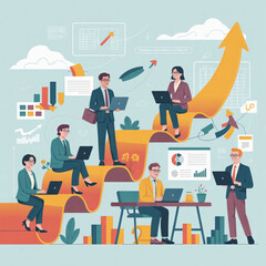 Diverse team collaborates on business growth chart with technology