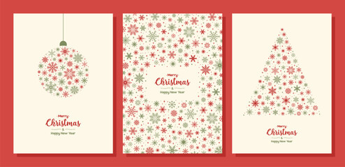 Set of vertical Christmas and New Year greeting cards with holiday design elements. Flat vector illustration