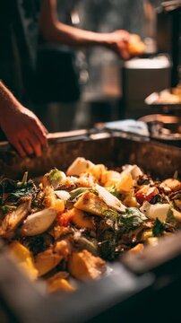 Organic kitchen waste, including fruit and vegetable peels, is collected in a compost bin for sustainable recycling. The scene highlights eco friendly habits and responsible food disposal