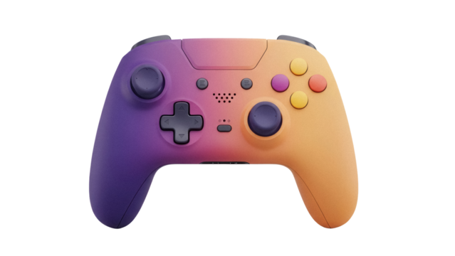 Gradient purple and orange gamepad isolated PNG, wireless controller for gaming console on transparent background, modern design