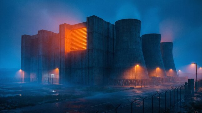 Massive industrial power plant glows ominously through heavy mist during twilight hours - Powered by Adobe