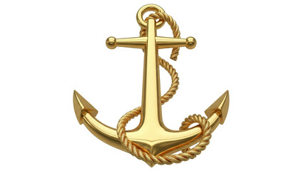 Golden anchor with rope PNG isolated on transparent background, nautical symbol for maritime and seafaring themes