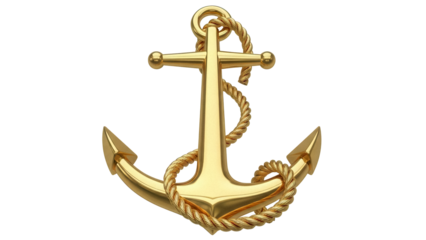 Golden anchor with rope PNG isolated on transparent background, nautical symbol for maritime and seafaring themes