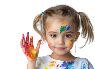 Children with Colorful Painted Hands Smiling on Transparent Background