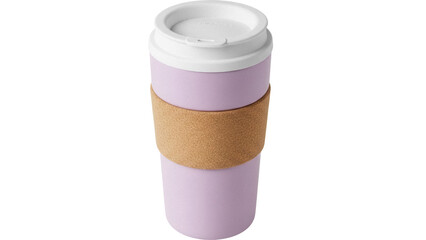 Reusable lilac coffee cup with cork band and white lid isolated PNG, eco-friendly travel mug for hot drinks on transparent background