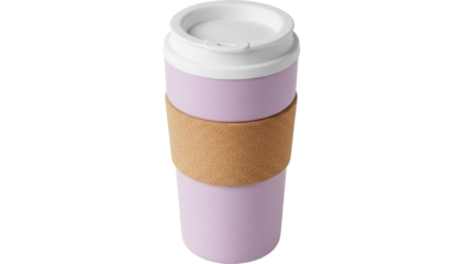 Reusable lilac coffee cup with cork band and white lid isolated PNG, eco-friendly travel mug for hot drinks on transparent background