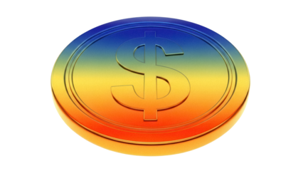 Gold dollar coin PNG isolated on transparent background, currency symbol with gradient effect for finance and investment concepts