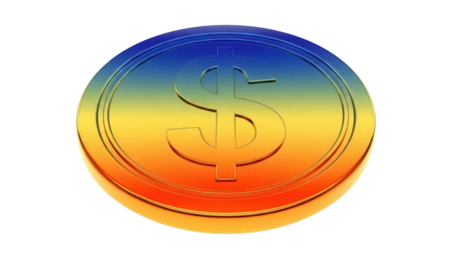 Gold dollar coin PNG isolated on transparent background, currency symbol with gradient effect for finance and investment concepts
