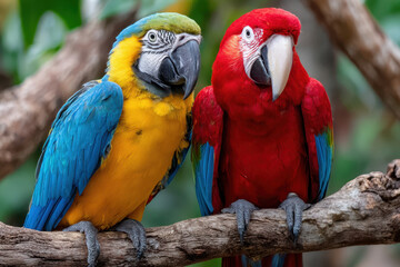 Naklejka premium Two Colorful Macaws Perched on a Branch