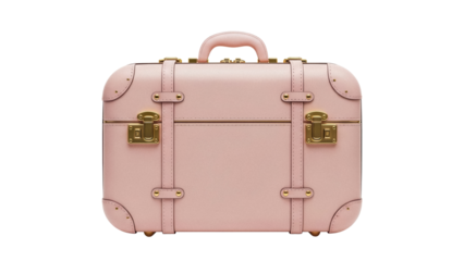Pink vintage suitcase isolated PNG, retro luggage with gold accents for travel and fashion design on transparent background