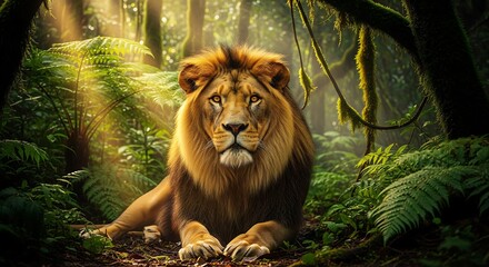 A majestic male lion with a thick mane rests in a zoo enclosure, portraying the powerful nature of the king of beasts as a dangerous feline predator and wild mammal