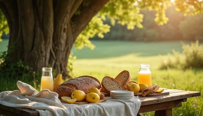 Rustic wooden table set for outdoor meal with fresh bread, lemons, and juice bottles under a large oak tree in sunny park. Healthy food spread on linen cloth with green lawn background.