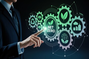 Businessperson activates net zero concept with gears interface