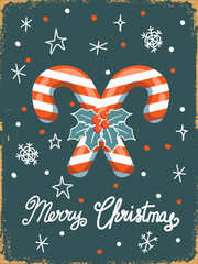 Cowboy Christmas Card vintage illustration with Rodeo horseshoe candy stripe. Country Christmas illustration with cute candy striped horseshoe and holly berries on vintage textured background 