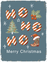 Western Christmas vintage poster with Cowboy candy-striped lettering and decorated Christmas tree, holly leaves with holly berries  and cowboy boots.