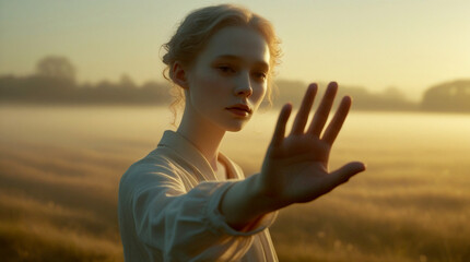 Young person standing in a misty sunrise field with an outstretched hand, cinematic soft light portrait capturing calm emotion, nature atmosphere and warm golden morning tones