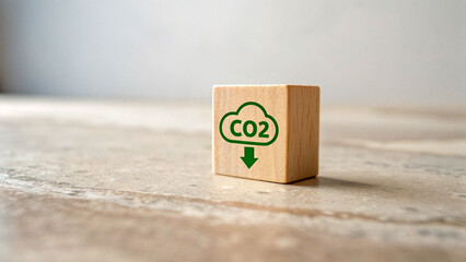 A single wooden block, green icon depicting a cloud with the chemical formula 'CO2' inside it, emphasizing the environmental theme suggested by the CO2 icon.