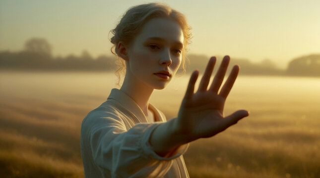 Young person standing in a misty sunrise field with an outstretched hand, cinematic soft light portrait capturing calm emotion, nature atmosphere and warm golden morning tones - Powered by Adobe