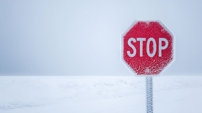 A red stop sign covered in frost stands starkly against a white, snowy landscape. The sign commands attention with its bright color and crisp message: "STOP."