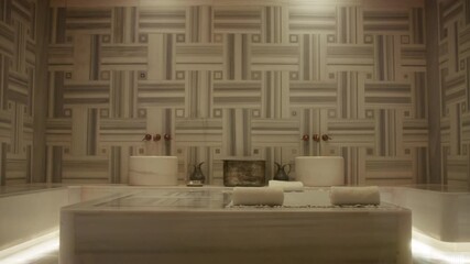 An exquisite Turkish hammam, showcasing intricate marble patterns and luxurious details for a serene and relaxing spa experience. Perfect for themes of wellness, self-care, and bathing rituals