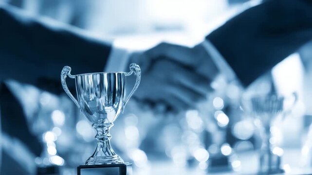 Silver trophy with handshake in background