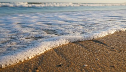 Gentle ocean wave washing onto sandy shore at sunrise conveying calm nature moment and suggesting coastal location such as Mediterranean or Pacific