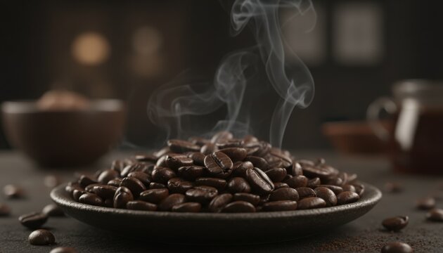 Fresh roasted coffee bean on plate with steam rising hinting morning energy artisanal brewing and urban cafe culture