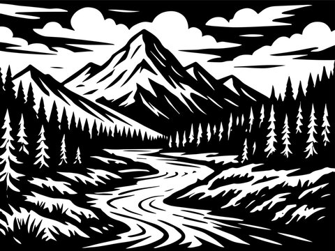 Black and White Mountain Landscape Line Art with Forest and River Illustration