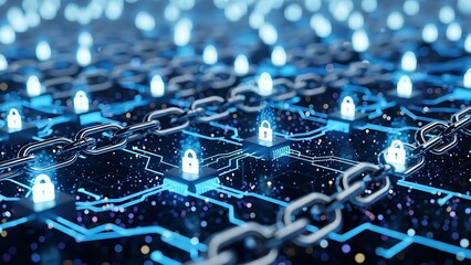 Blockchain technology digital network security with chain and lock icons