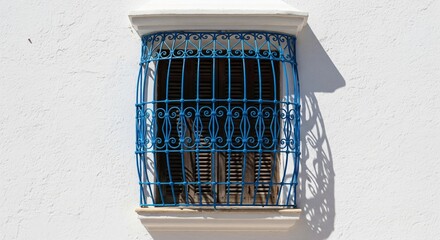 Blue wrought iron grille on wooden window of white house in mediterranean summer town