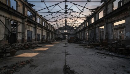 empty industrial hall ruin with broken roof and debris possibly in eastern europe at sunset showing urban decay and historical memory