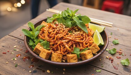 Bowl of spicy noodle dish with tofu and herbs illustrating street food culture and vibrant culinary trend