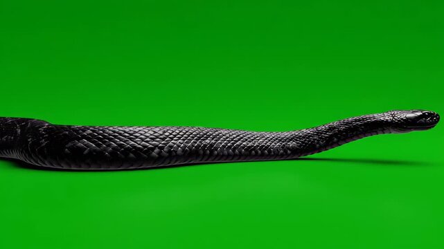 A sleek black snake slithers across a vibrant green screen backdrop in a captivating reptile