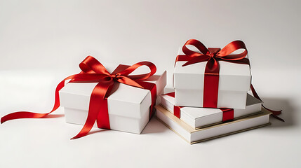 christmas gift box and stacked books with red ribbon decoration isolated on white