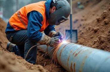 Male worker in safety gear welding large metal pipe in trench. Man uses welding machine to join pipes. Worker in orange vest and protective helmet in construction site.