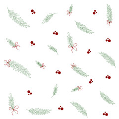 Christmas seamless pattern with pine branches and red berries. Holiday winter design, PNG, transparent background.