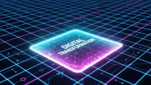Digital transformation on futuristic glowing grid network background