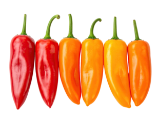 Close-up of six colorful small bell peppers arranged against a stark black background