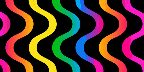 Vibrant rainbow wavy lines on black background colorful abstract pattern