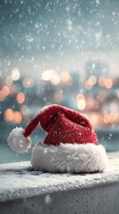 Red Santa hat decoration on the snow or beach symbolizing the winter holiday season and Christmas celebration