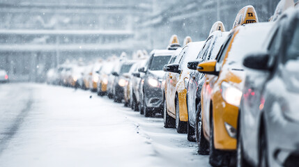 A snowy day in the city, where yellow taxis line the street, dusted in fresh snowfall. City life continues undeterred by the weather. A charming winter scene.