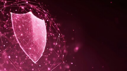 Cybersecurity shield protecting digital networks with vibrant pink glowing connections and polygonal mesh in virtual space, a modern concept