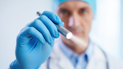 A doctor wearing blue medical gloves holds a bright examination light toward the viewer, with the background softly blurred to emphasize the clinical, sterile atmosphere