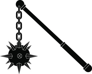 Medieval flail weapon silhouette, spiked mace on chain, ancient battle weapon icon, historical combat tool graphic, vector fantasy armament design