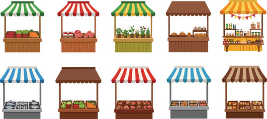 Market stall vector set, farmers market stands, fruit and vegetable kiosks, meat and bakery booths, outdoor marketplace illustration, food vendor graphics © Mst
